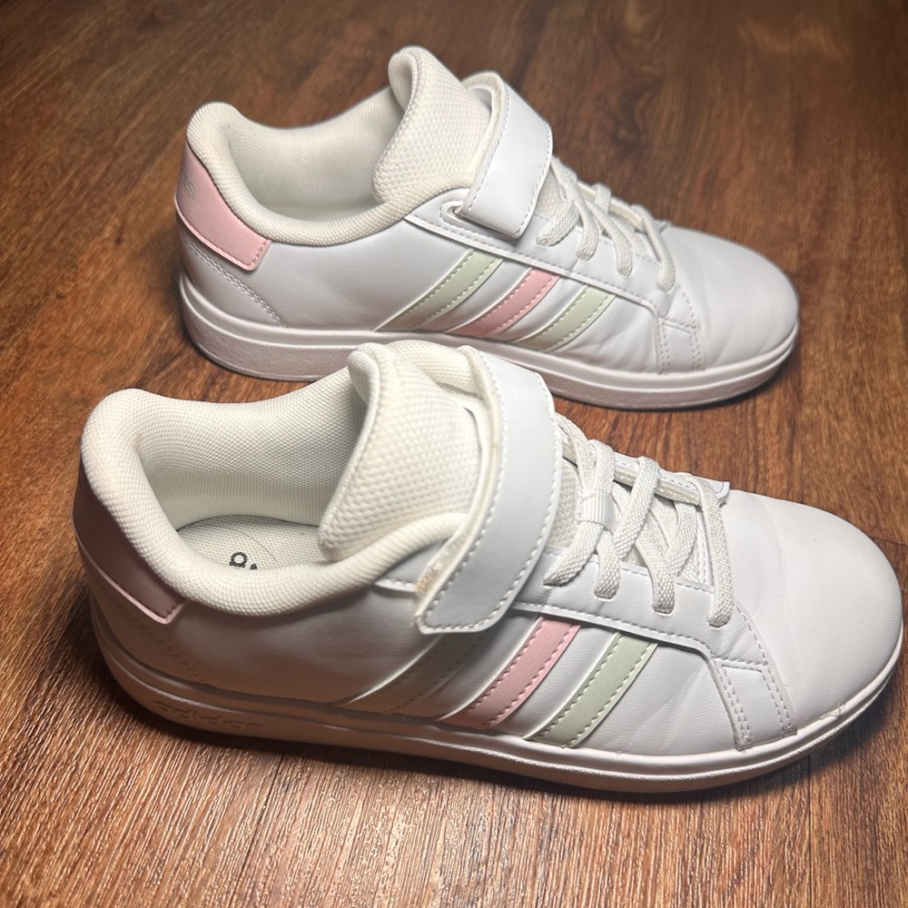 adidas Kids White Sneakers with Pink and Green Accents - Picture 3 of 6